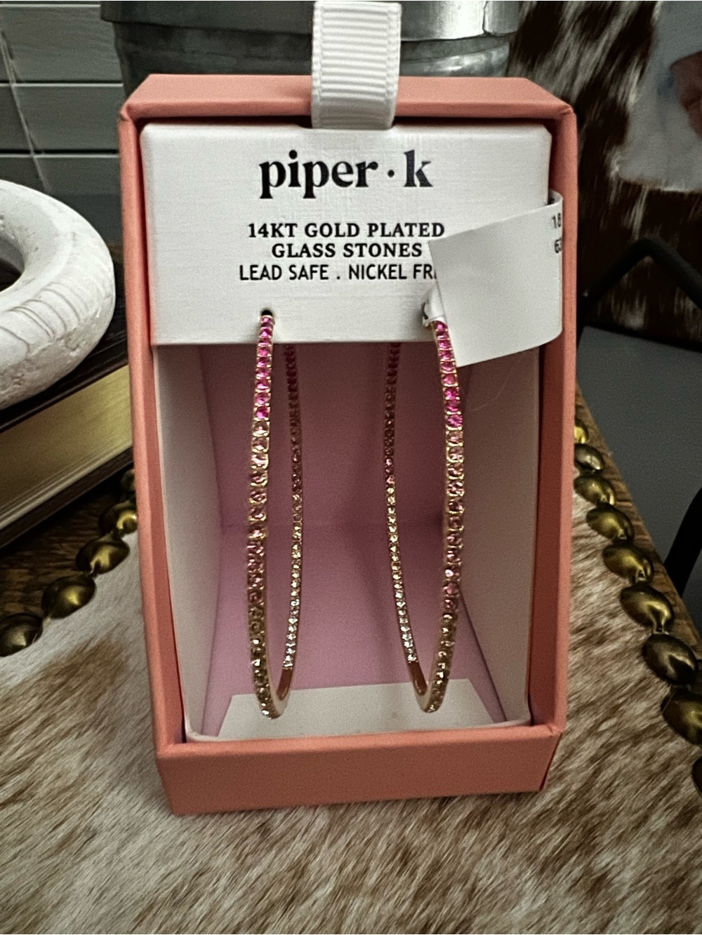 Piper K 14KT Gold Plated Pink Crystal Hoop Earrings